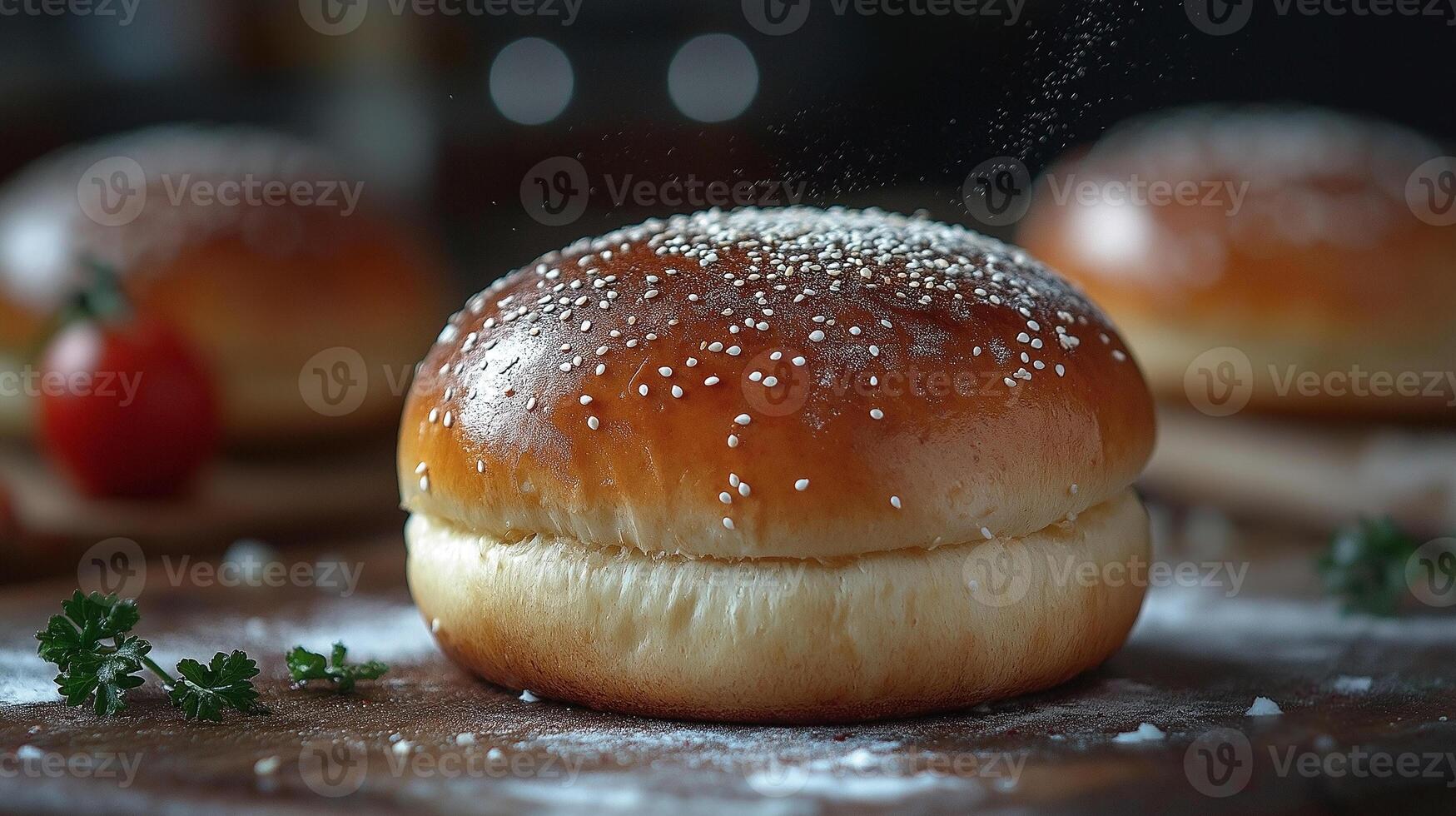 Close-up of a fresh, golden-brown hamburger bun with sesame seeds, surrounded by soft lighting and a rustic wooden backdrop. photo