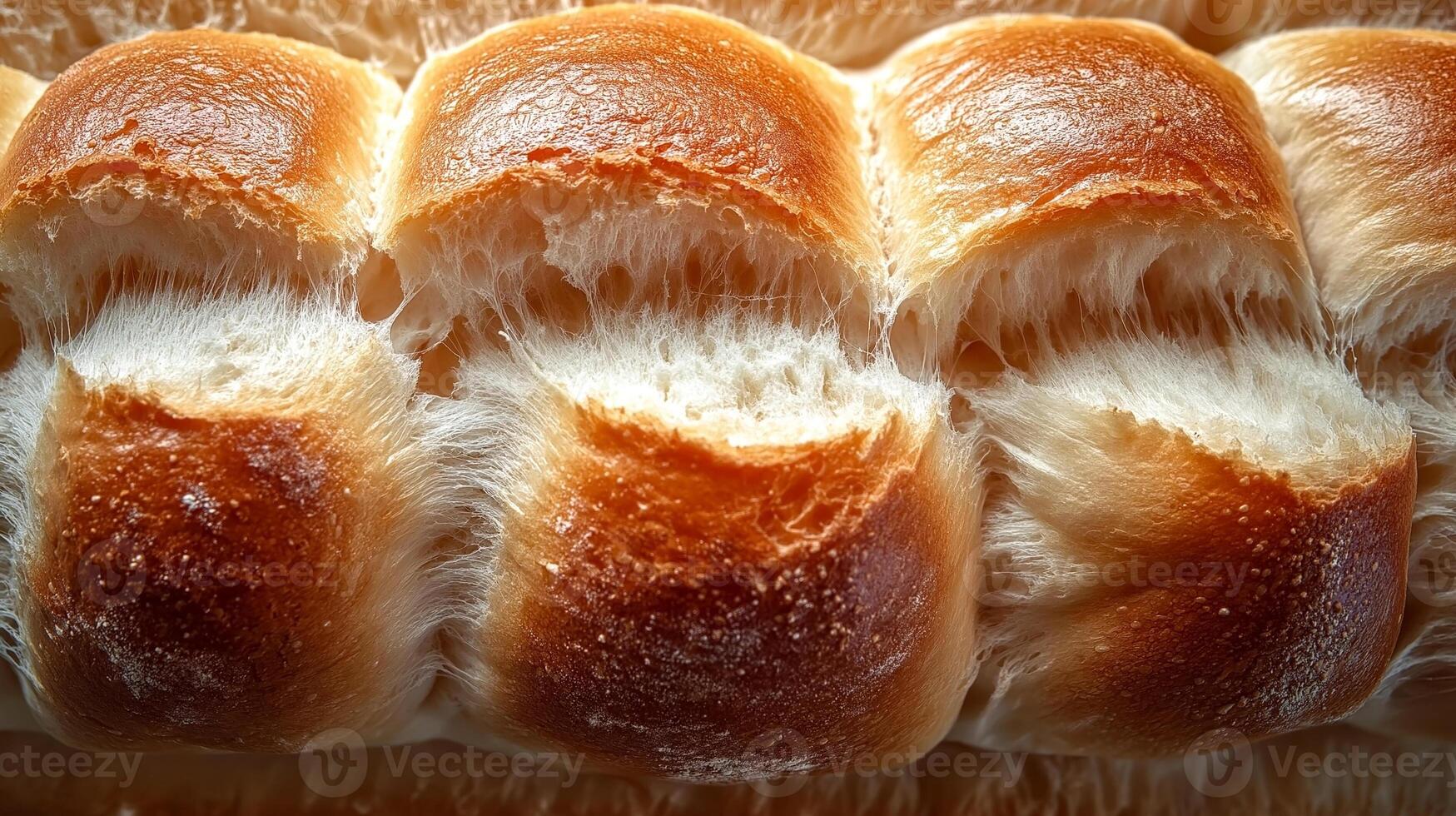 Close-up of freshly baked bread rolls, featuring a golden-brown crust and soft, fluffy interior. photo