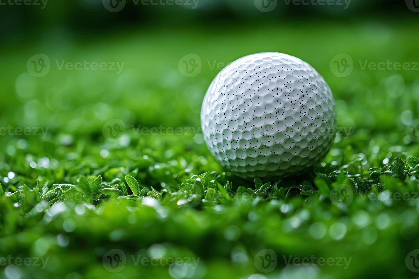 Close-up of a golf ball resting on damp grass, showcasing its dimples and texture, reflecting a sporty atmosphere. photo
