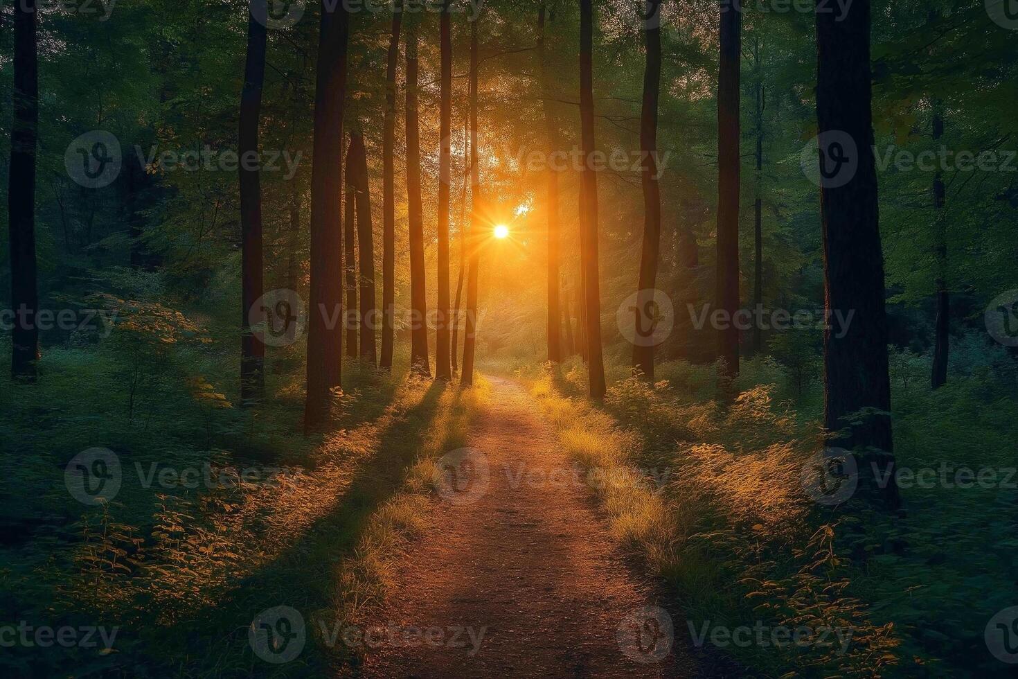 A serene forest scene at sunset, with golden light filtering through tall trees, casting a warm glow on a winding path. photo