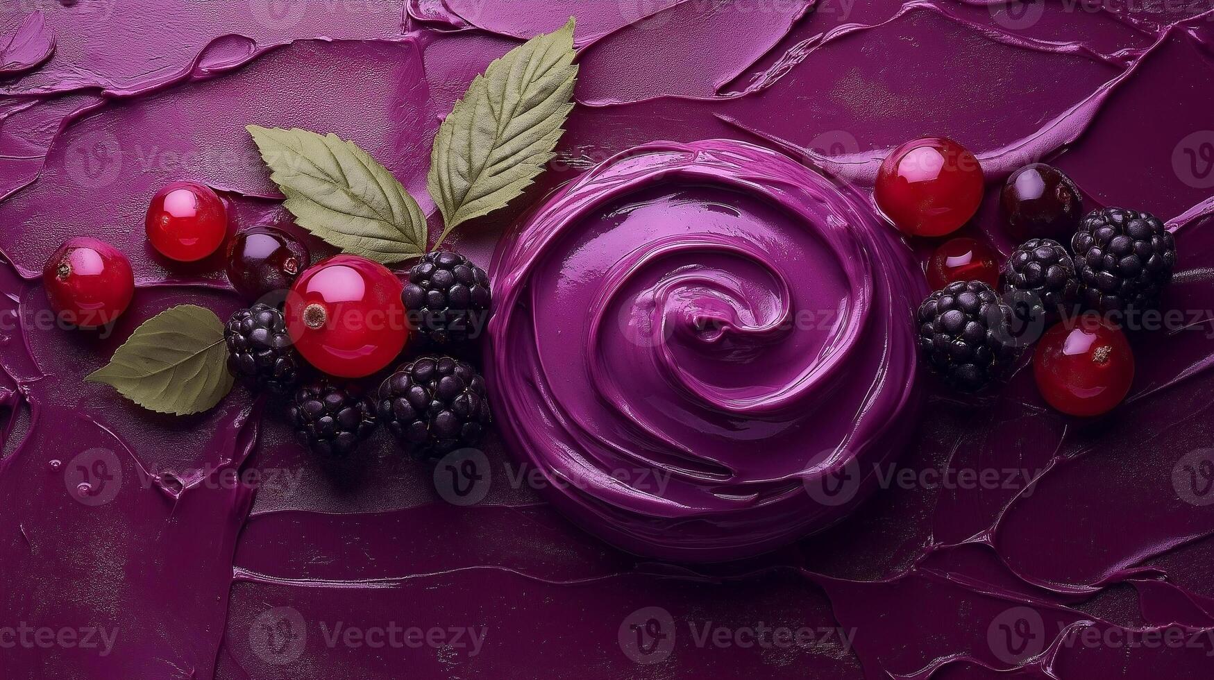 A vibrant display of rich purple fondant surrounded by fresh red currants and blackberries, creating a sumptuous and appealing dessert scene. photo