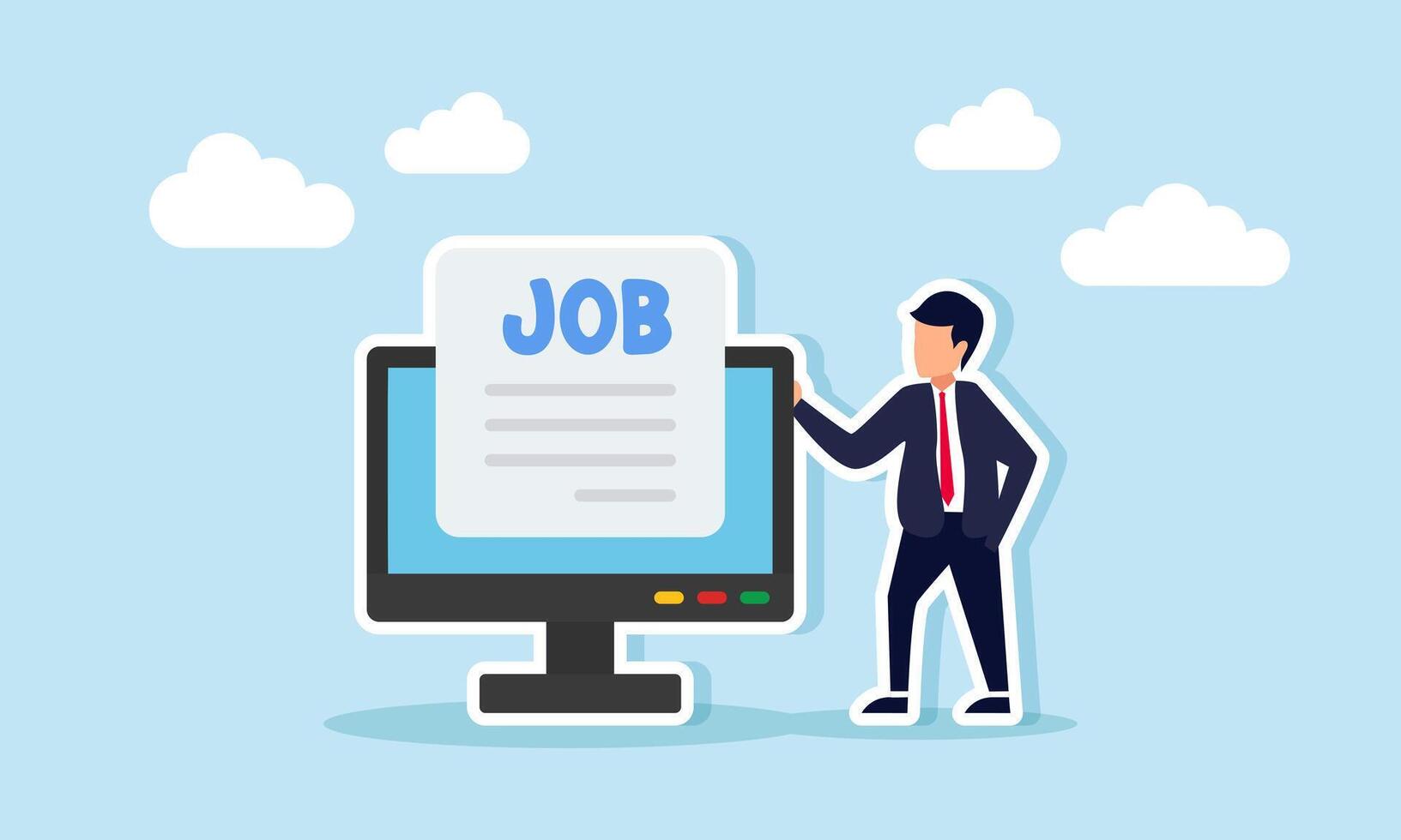 Businessman standing next to a monitor with a paper labeled JOB, illustration of data input related to job vacancy vector