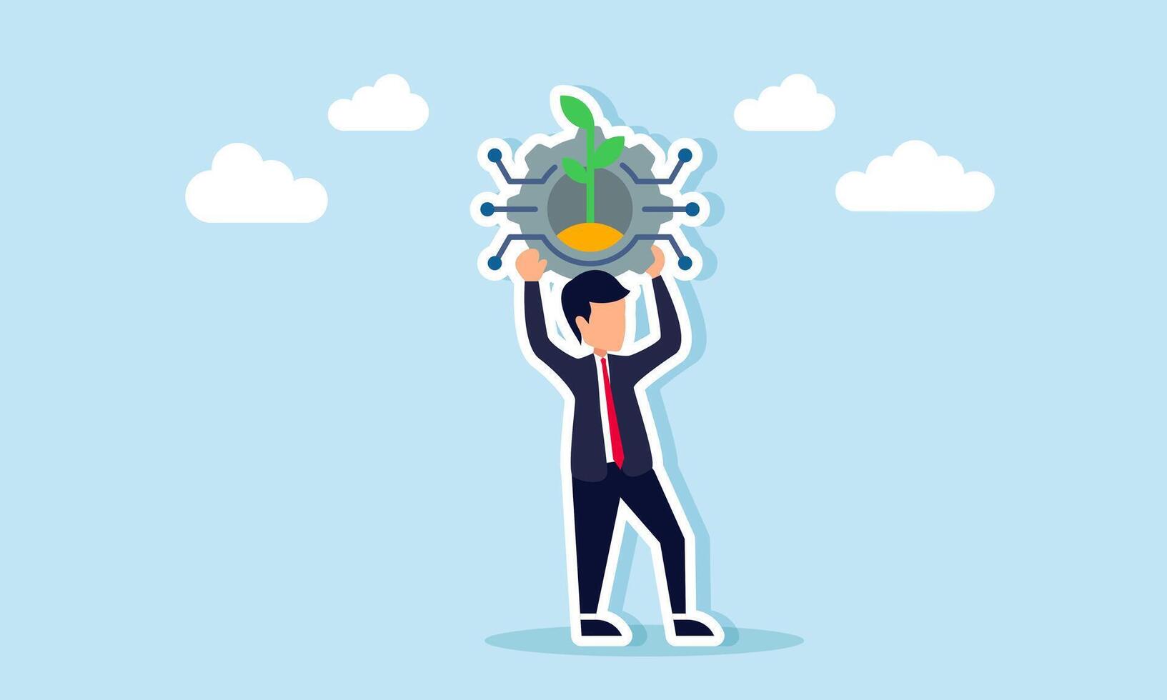 A businessman lifting a gear with a plant and electrical circuit ornament, illustration of a business system or sector that is eco-friendly and green vector