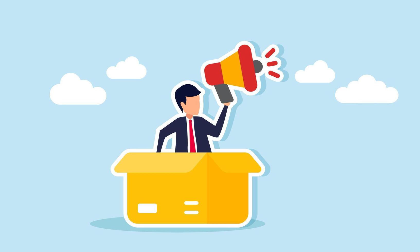 Businessman speaking through a megaphone emerging from a cardboard box, illustration of promotion related to business product vector