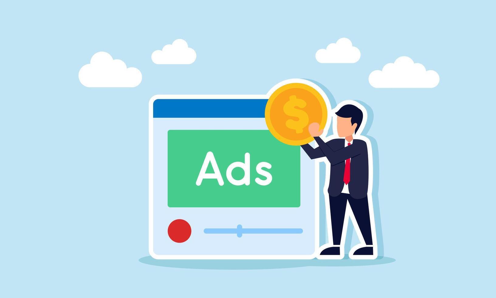 Businessman holding a dollar coin in front of an app interface labeled ADS, illustration of profit from optimizing business advertising placements vector