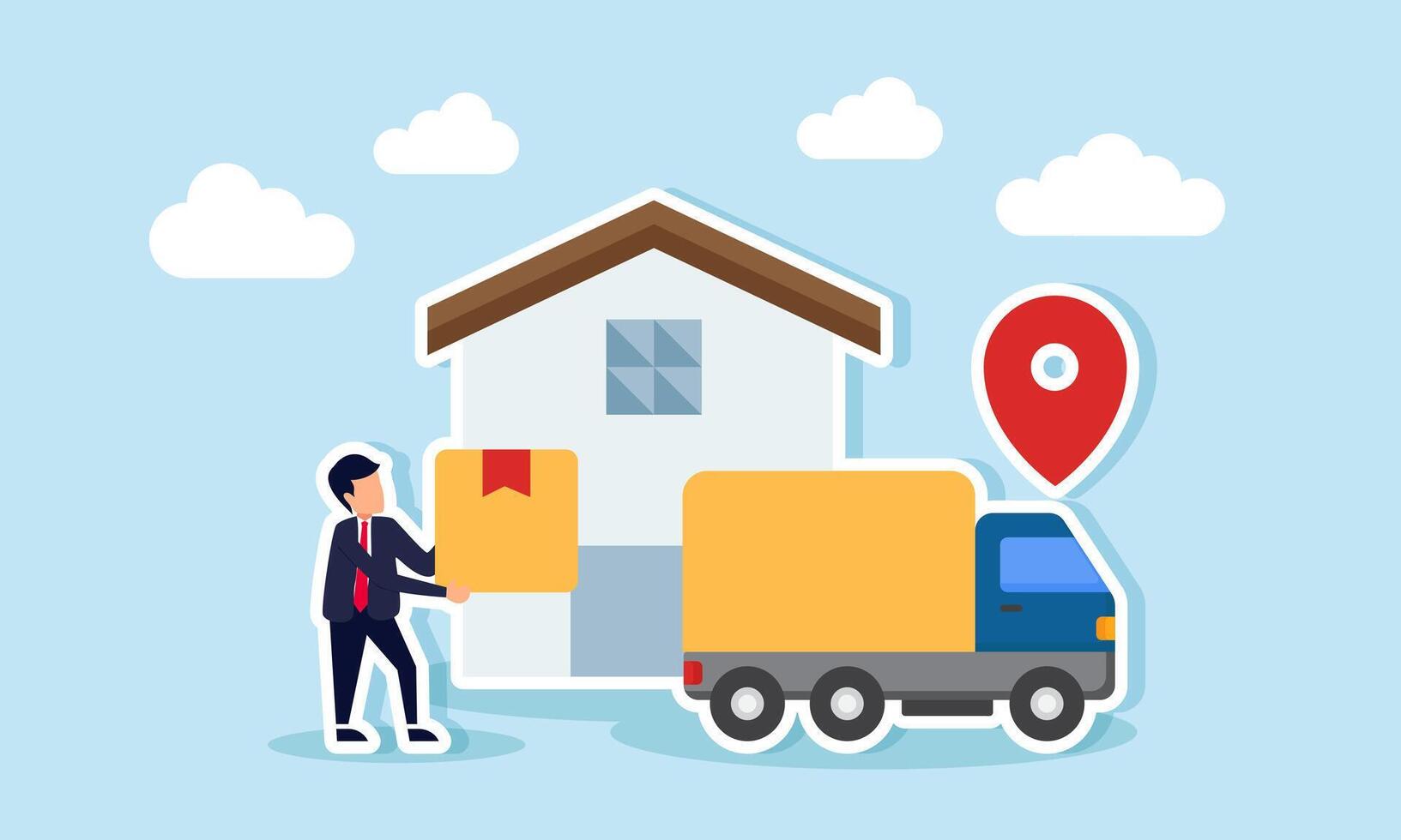 Businessman standing in front of a warehouse factory holding a package box to load into a delivery truck, illustration of business in the logistics sector vector