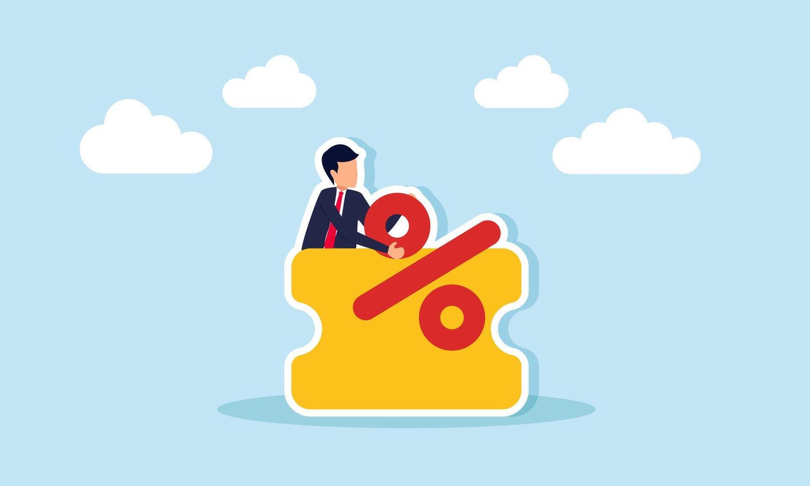 Businessman holding a percent sign from a shopping voucher, illustration of discount promo sale to attract customer interest vector