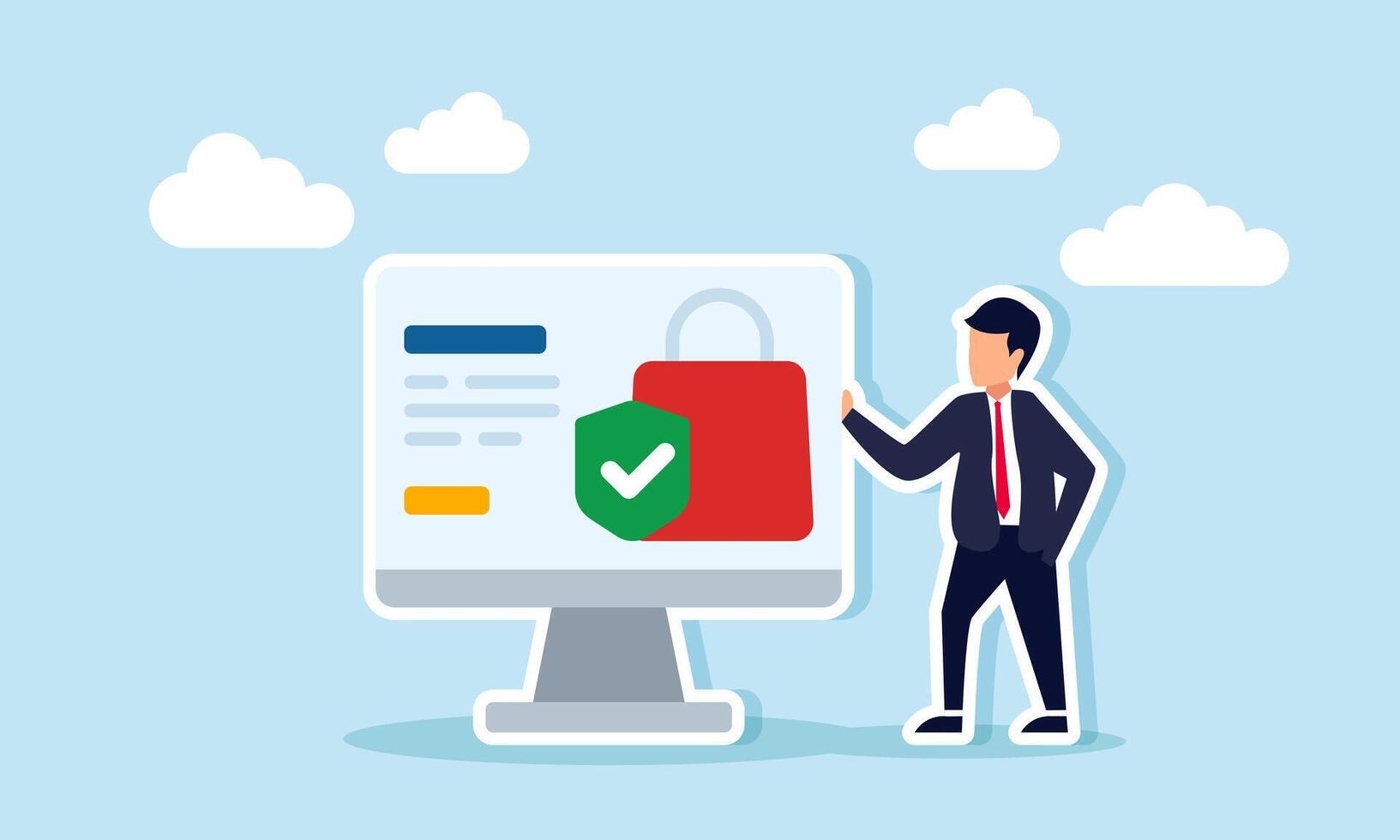 A businessman stands next to a monitor showing a shopping bag and a check mark, illustration of purchase verification through a marketplace website vector