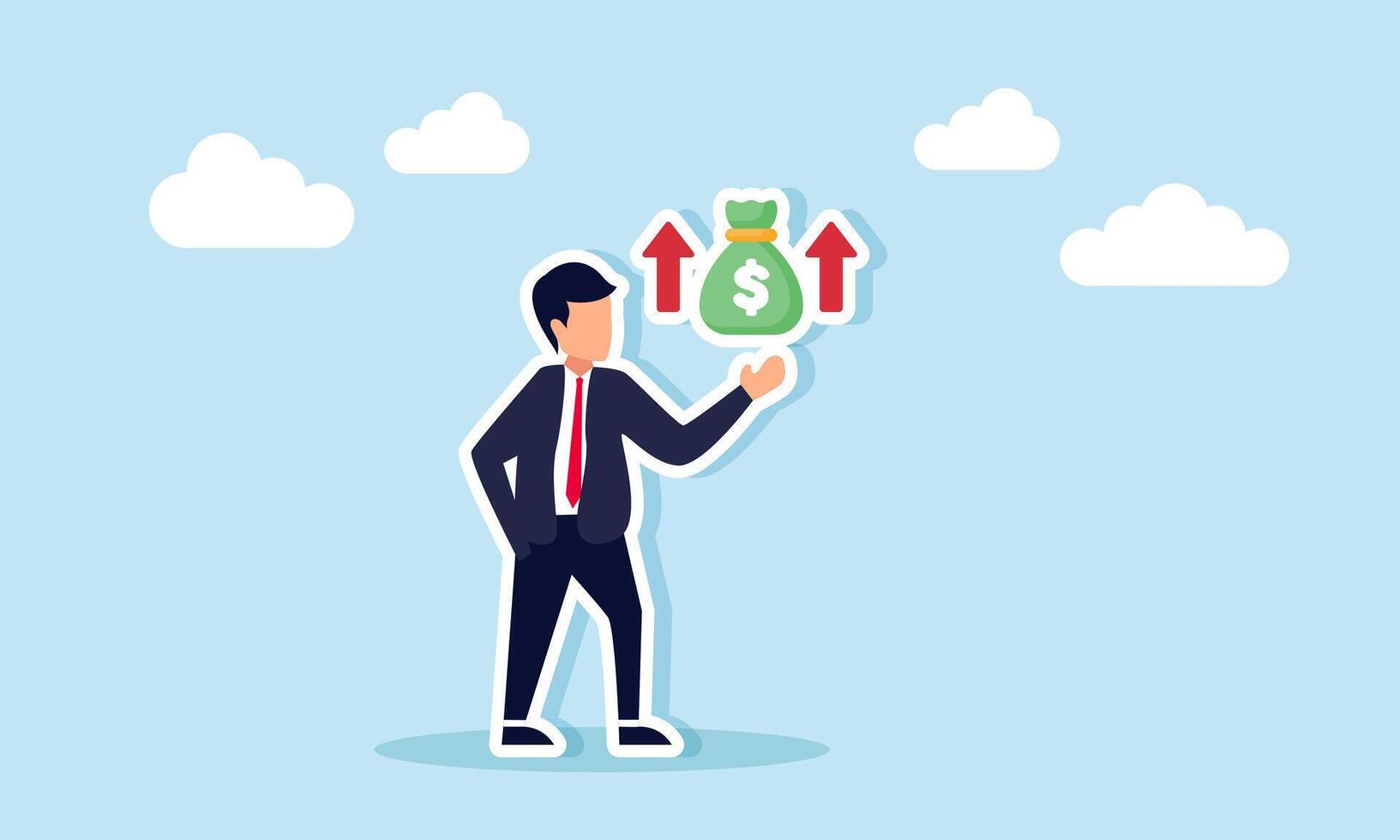A businessman showing a money bag with an upward arrow sign, illustration of improved financial performance in business vector