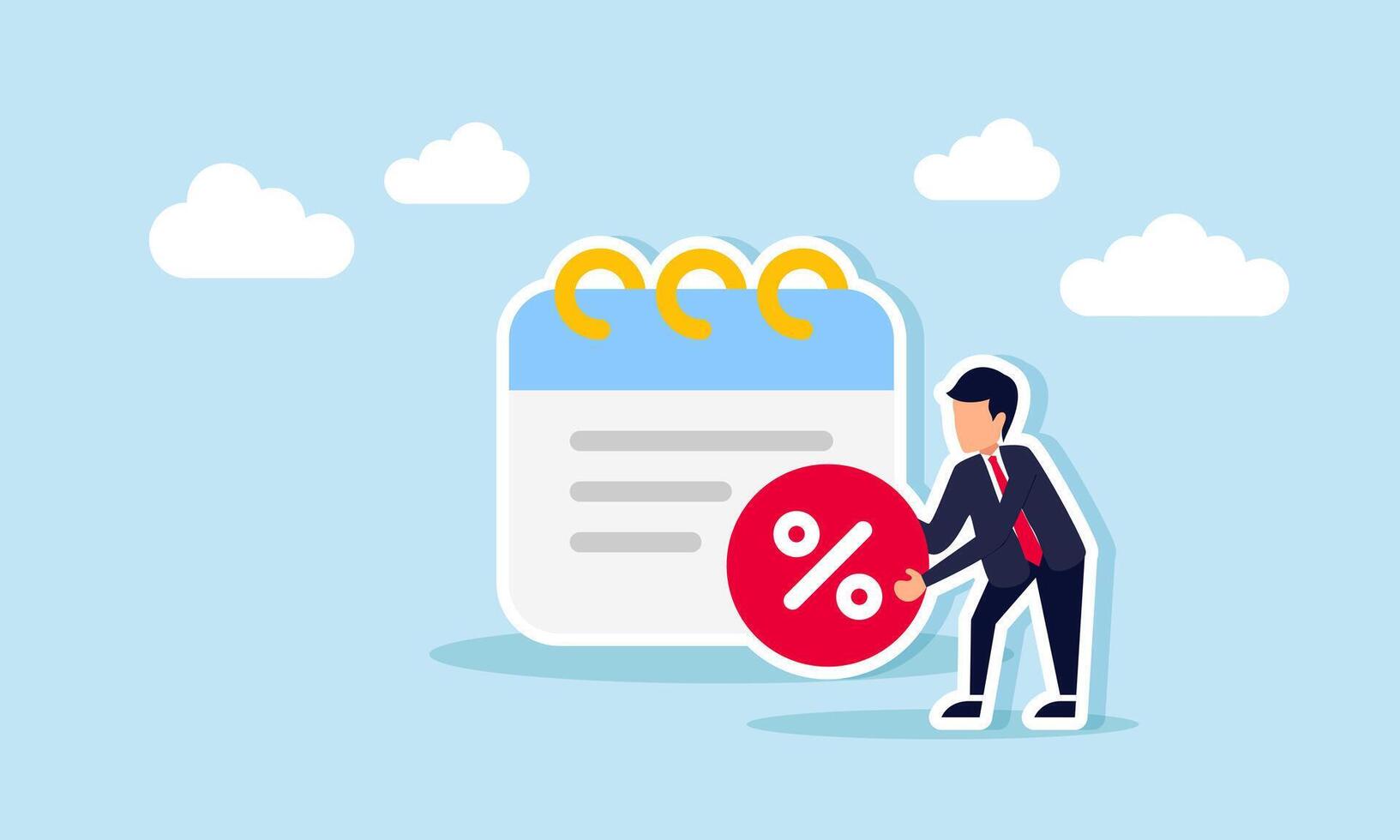 Businessman holding a discount sign in front of a calendar schedule, illustration of price discount promo vector
