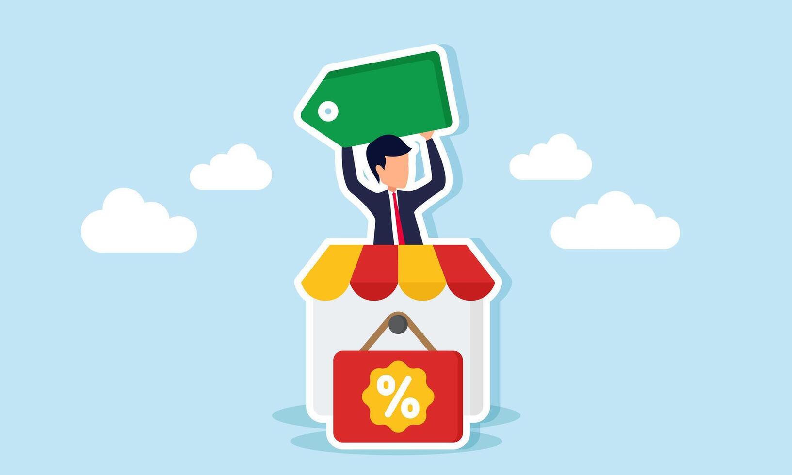 Businessman holding a price tag standing on a store with a hanging discount sign, illustration of latest price update after discount vector