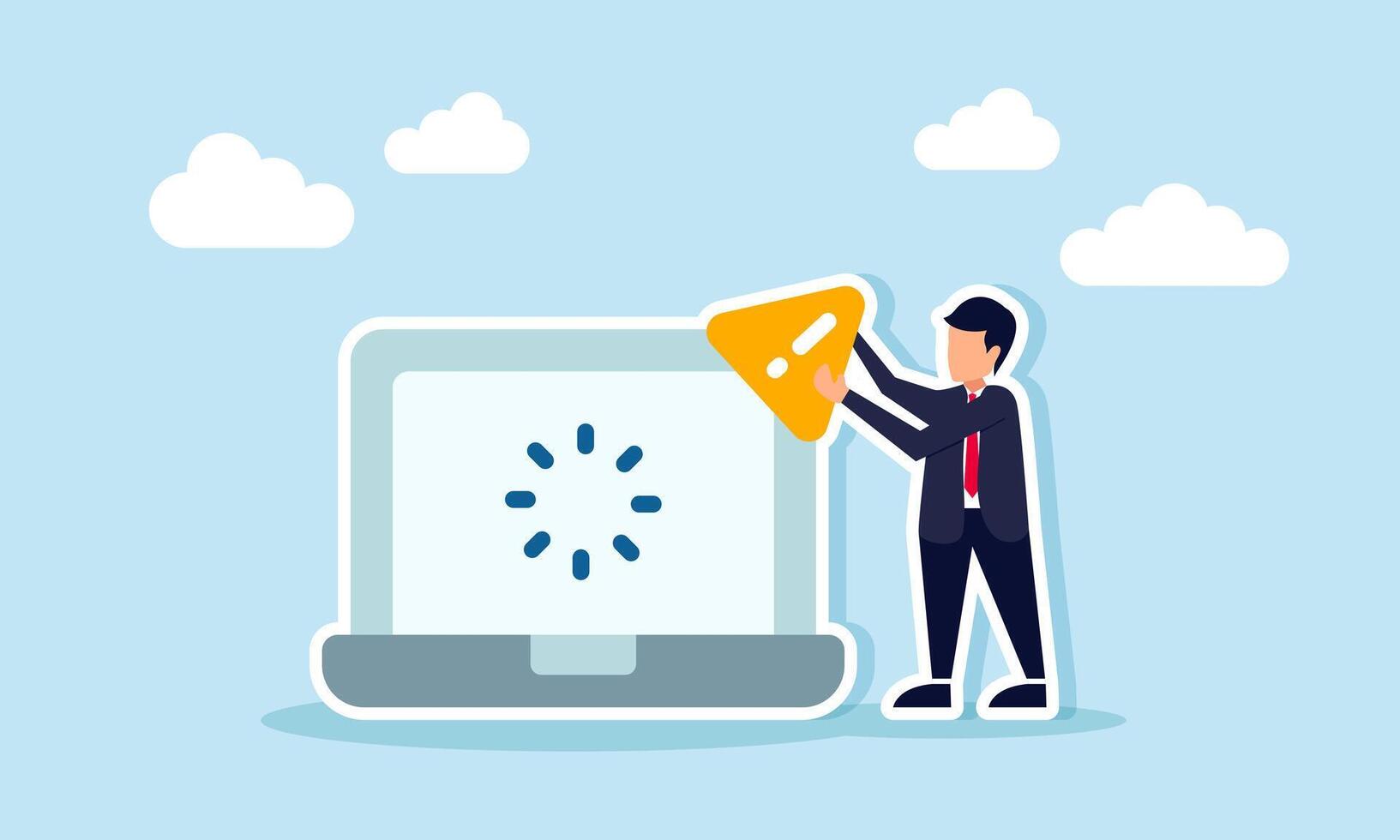 A businessman carries an exclamation mark beside a laptop showing a loading process, illustration of caution during business application system maintenance vector