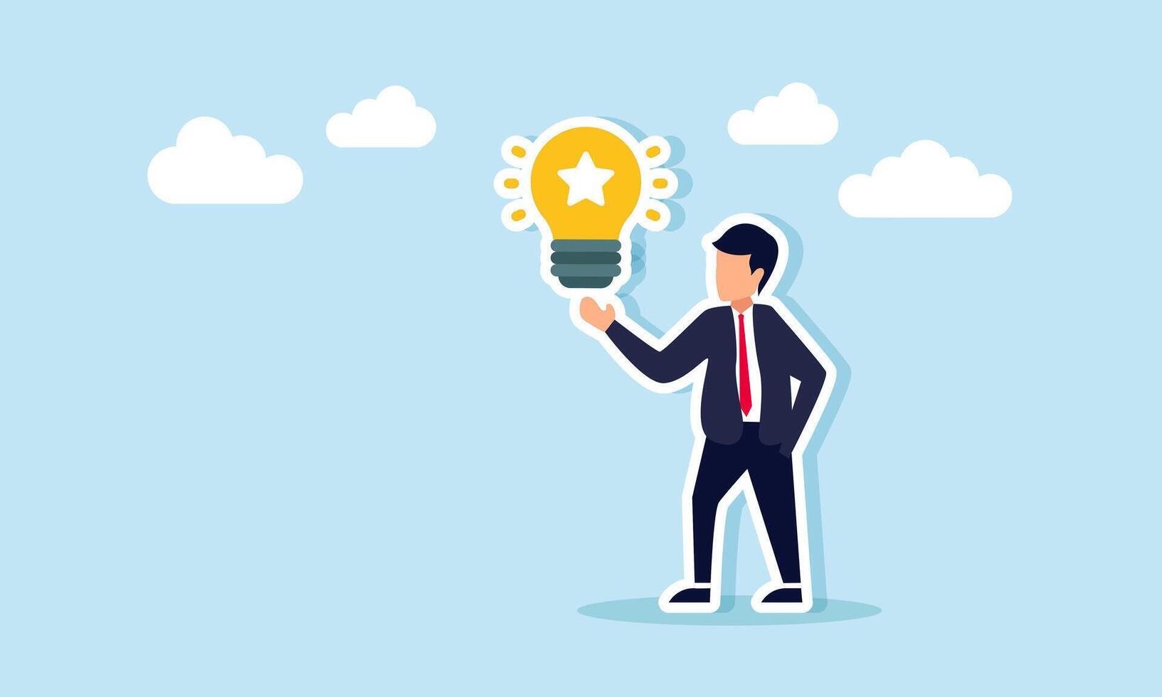 Businessman shows a glowing light bulb labeled with a star, illustration of presenting business ideas about business quality vector