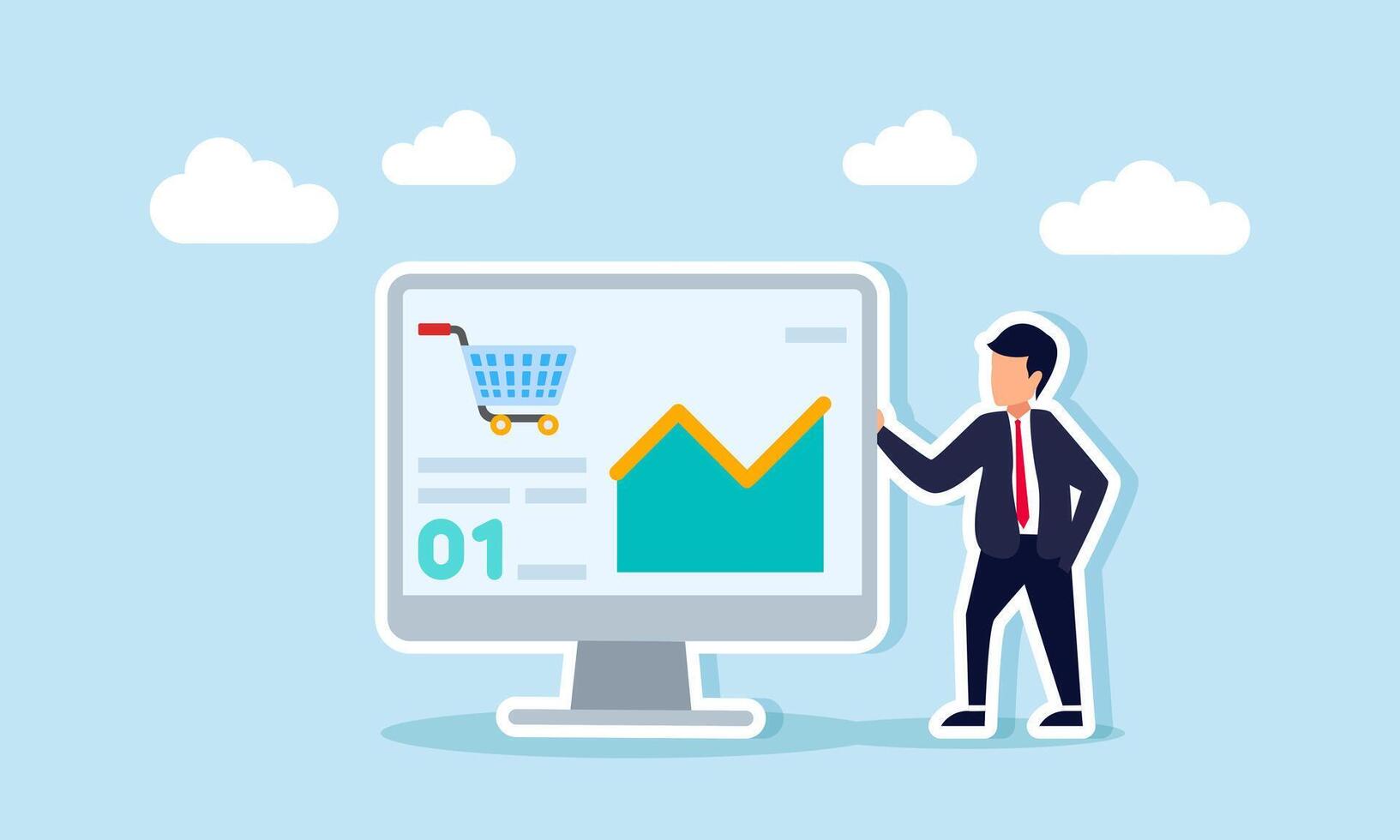 A businessman stands next to a monitor showing a line chart and shopping cart, illustration of report based on online and digital product purchase data vector