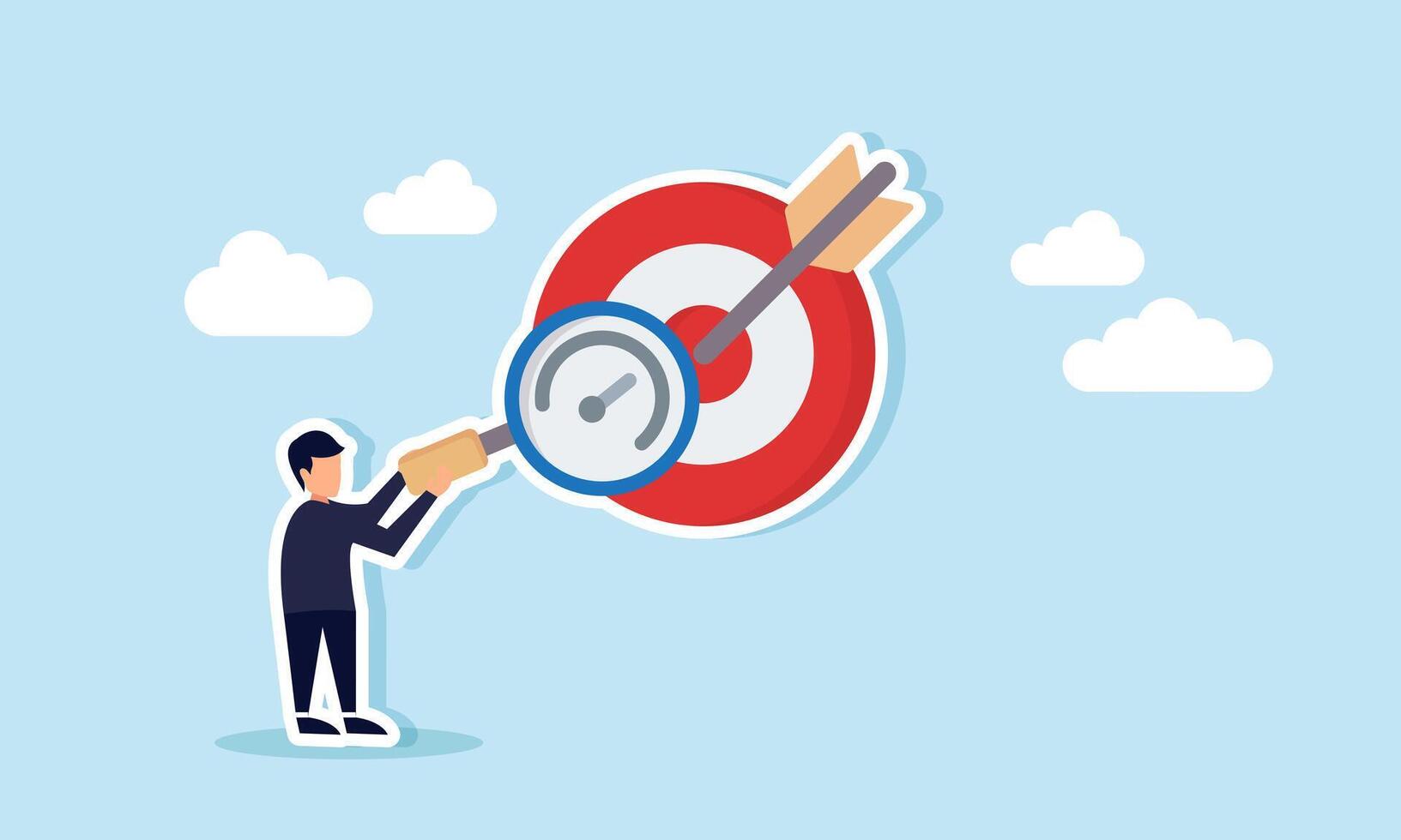 Businessman observes a target board using a magnifying glass labeled with a speedometer, illustration of performance evaluation and business target analisa vector
