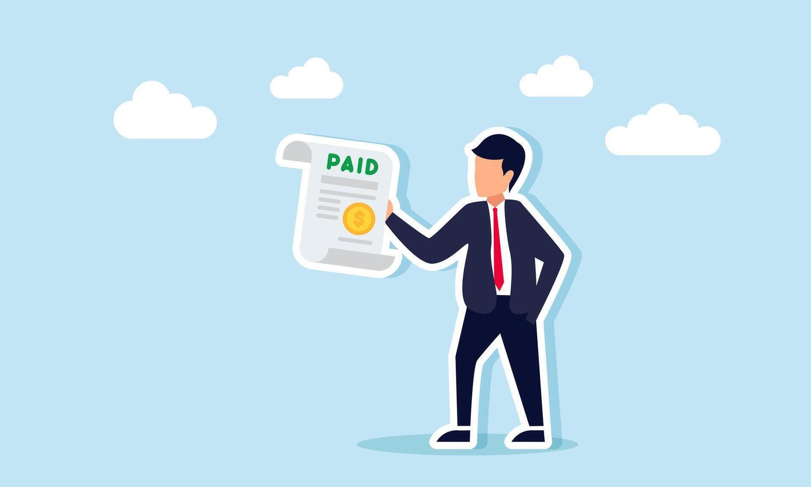 A businessman carries a document labeled PAID, illustration of a payment proof document vector
