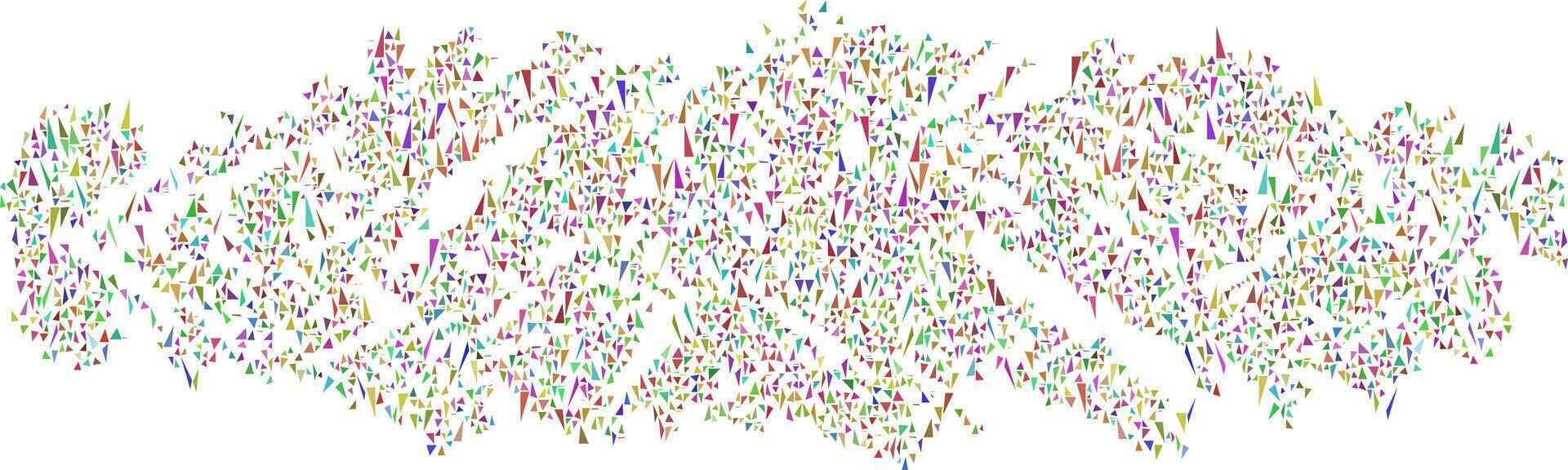 A dense scatter of tiny, multicolored triangles arranged in a wavy, abstract pattern on a white background, giving a dynamic and energetic visual effect. vector