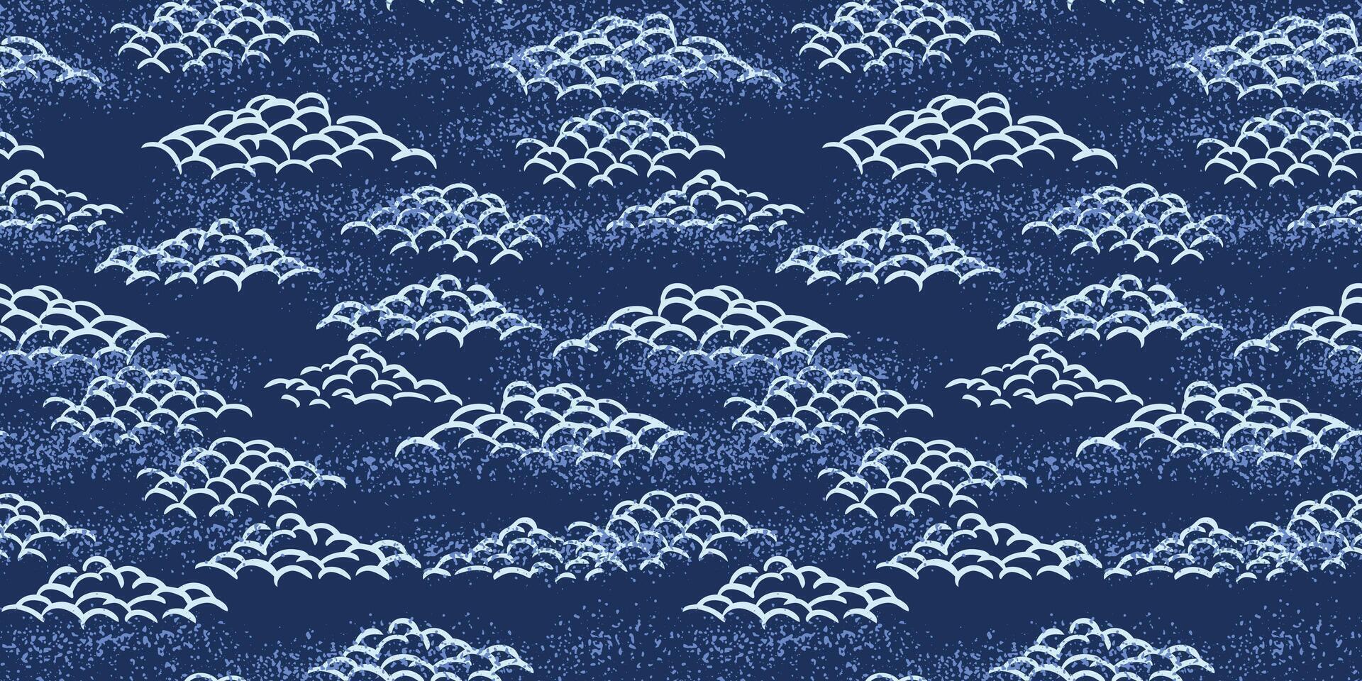Seamless pattern with stylized hand drawn clouds in an Asian inspired design. Blue curved line clouds on a deep background with a subtle textured effect. Ideal for textiles, wallpaper, prints vector
