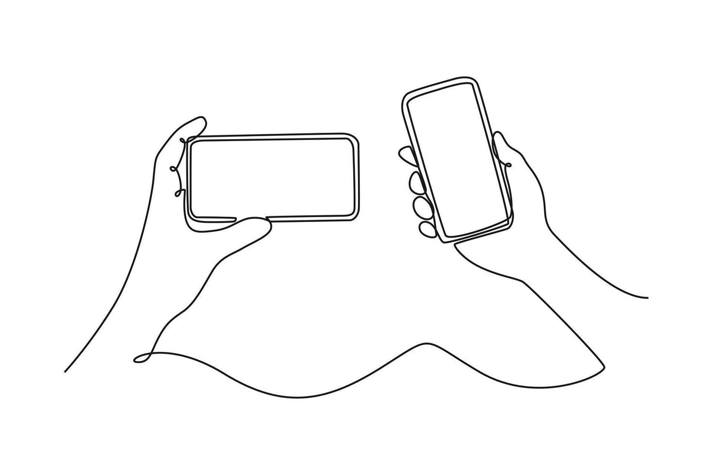 Hand holding the black smartphone phone with blank screen and modern frameless design. Calculator, Smartphone, Laptop concept. Single line draw design. graphic illustration vector