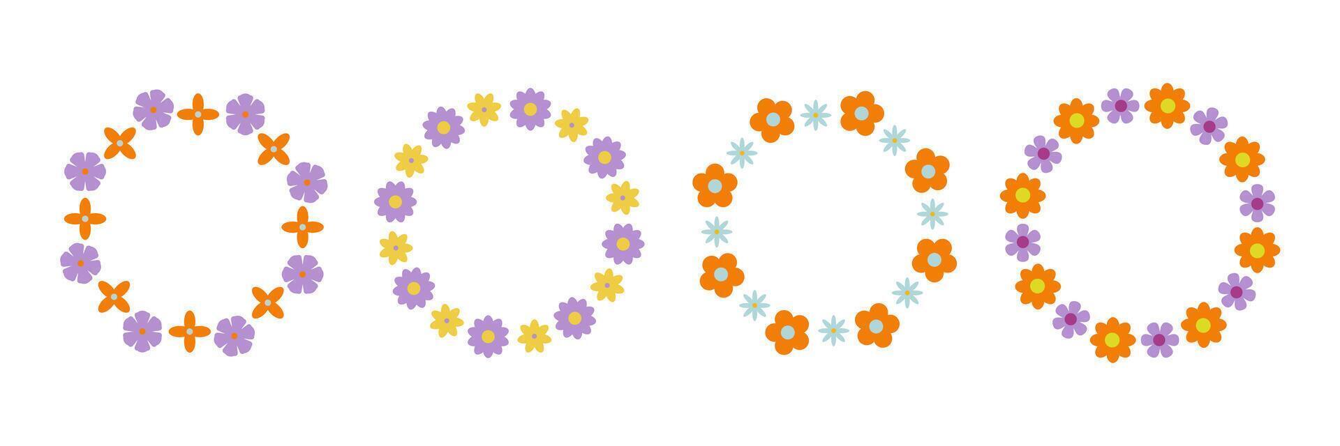 Groovy flower circle frame set. Floral simple circle frame purple . Hand drawn botanical round border, laurel, wreath with flowers illustration for wedding invitation, card, logo vector