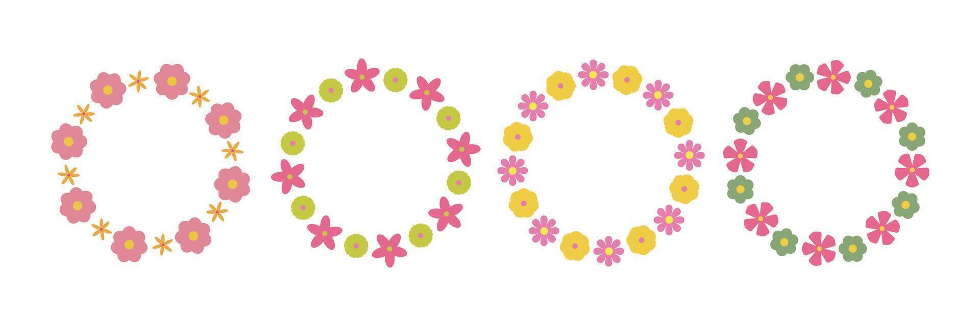 Groovy flower circle frame set. Floral simple circle frame. Hand drawn botanical round border, laurel, wreath with flowers illustration for wedding invitation, card, logo vector