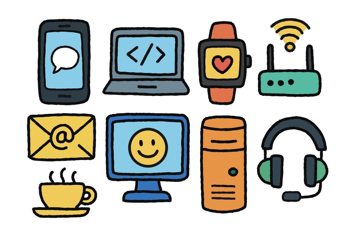 collection of digital devices and communication tools including smartphone laptop smartwatch router email icon desktop computer and headphones conveying modern tech lifestyle vector