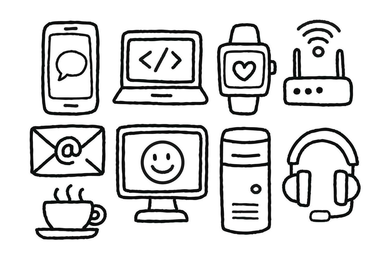 Digital devices communication tools and technology icons are illustrated doodle style showcasing smartphone laptop smartwatch router email desktop computer and more. This playful design evokes vector