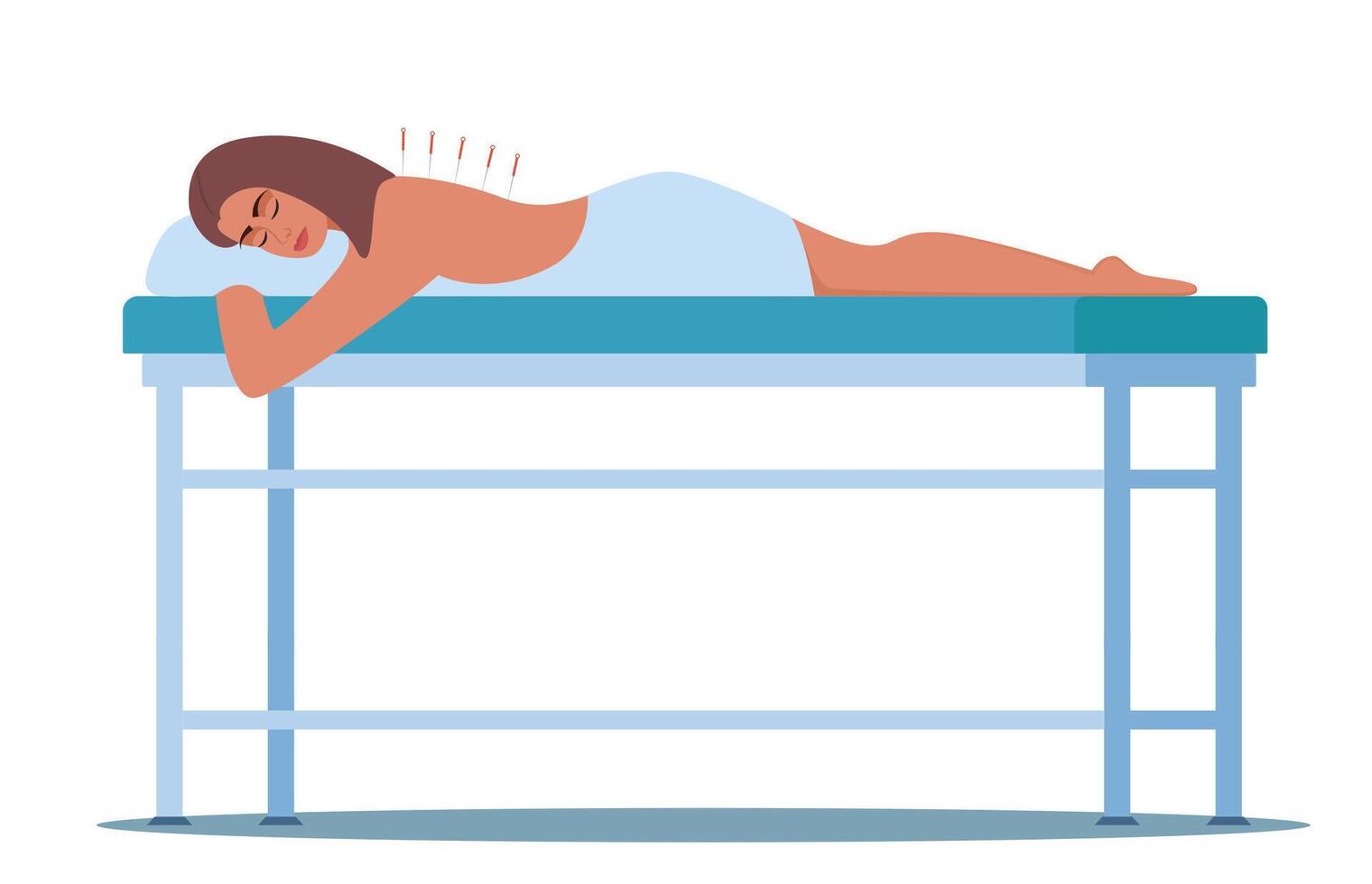 Woman Applying Acupuncture Therapy in Spa Salon. Chinese needle alternative medicine and treatment. Illustration. vector