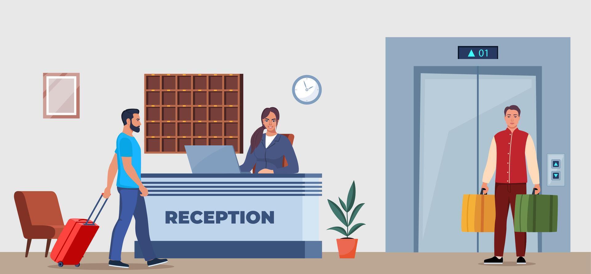 Hotel lobby, reception. Woman receptionist behind the desk, guest with baggage checking in. Bellboy dressed in red uniform with suitcases near the elevator. illustration. vector