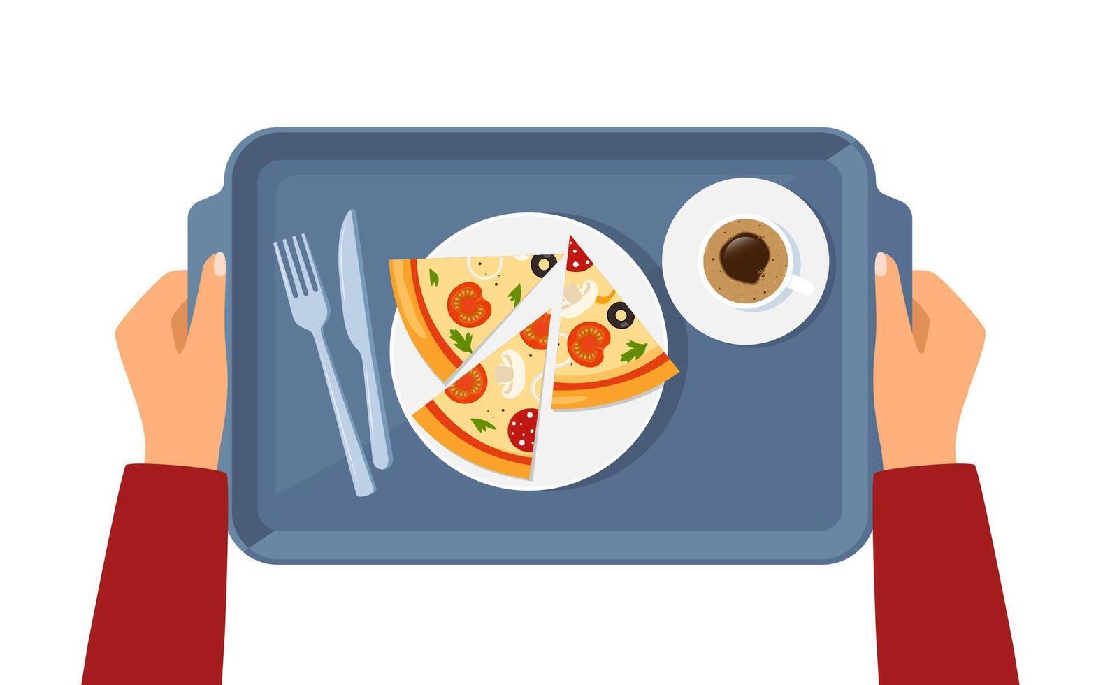 Human hands hold meal tray with food for lunch, top view. Knife and fork. illustration. vector