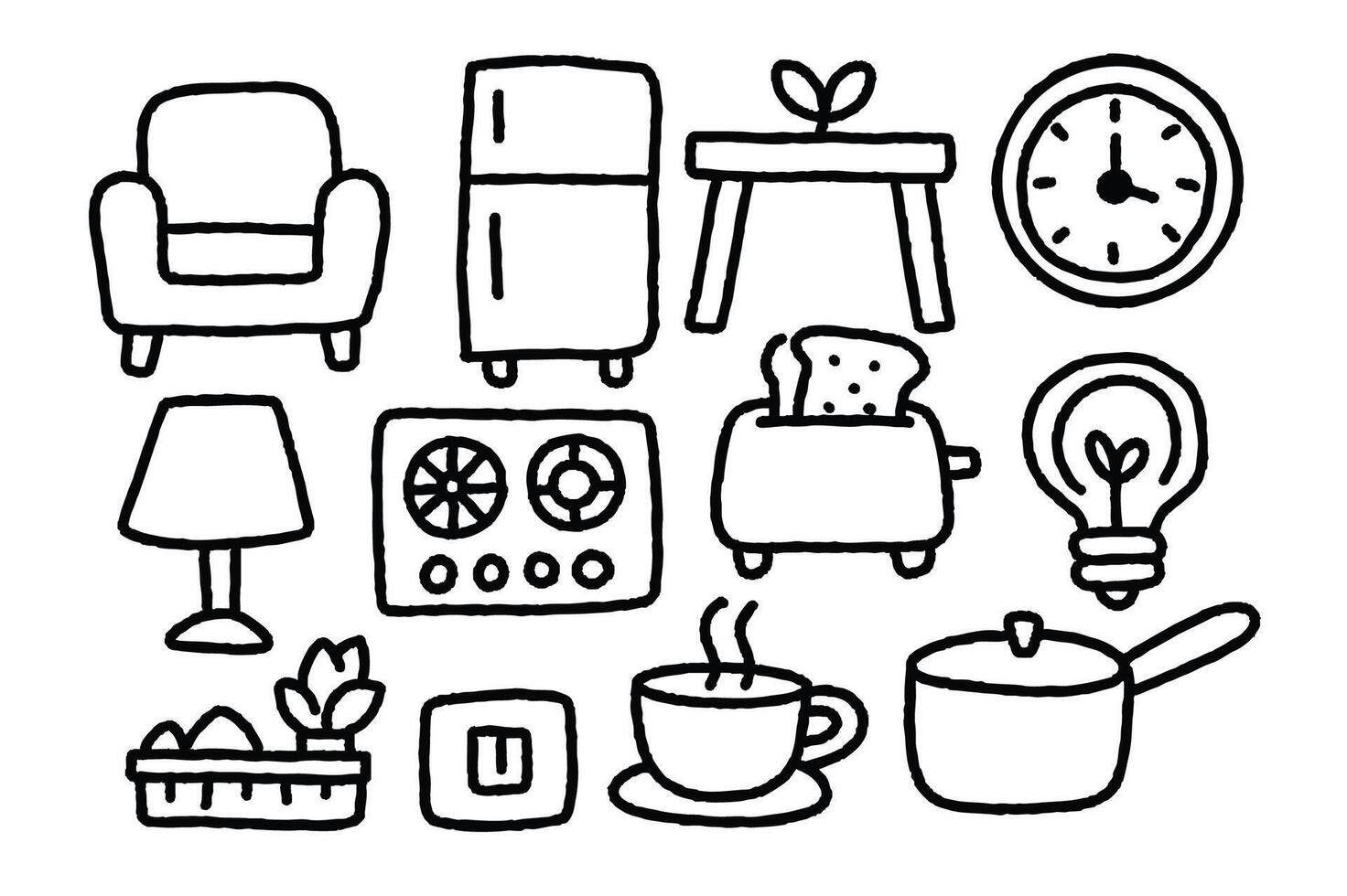 Cozy furniture doodles including chair refrigerator table clock lamp toaster light bulb and kitchen items create warm home atmosphere vector