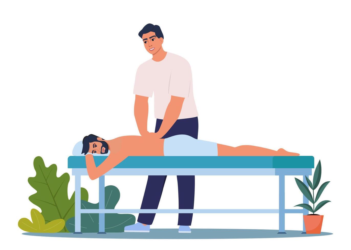 Man massage therapist standing near the massaging table. Client lying on front. Human back acupressure, physiotherapy. Male masseur physiotherapist vector
