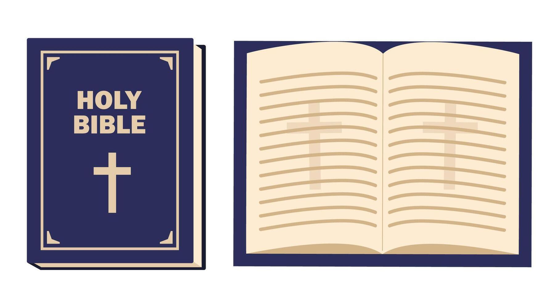Christian Holy Bible Book. Bible books that open, close, showing cover. Religious Text Containing Stories And Prophecies. illustration. vector
