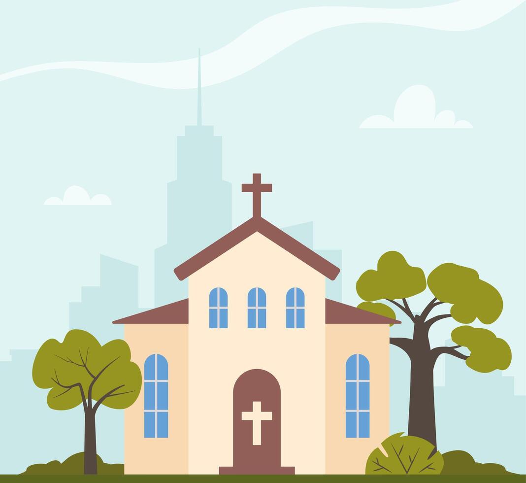 Church building and park with cityscape and sky background. Old church building exterior. Christian religious architecture facade, front view. European cathedral. illustration. vector