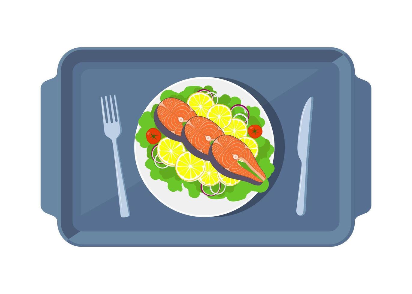 Meal tray with food for lunch, top view. Knife and fork. Salmon steak with with lemon, herbs, tomato, onion. illustration. vector