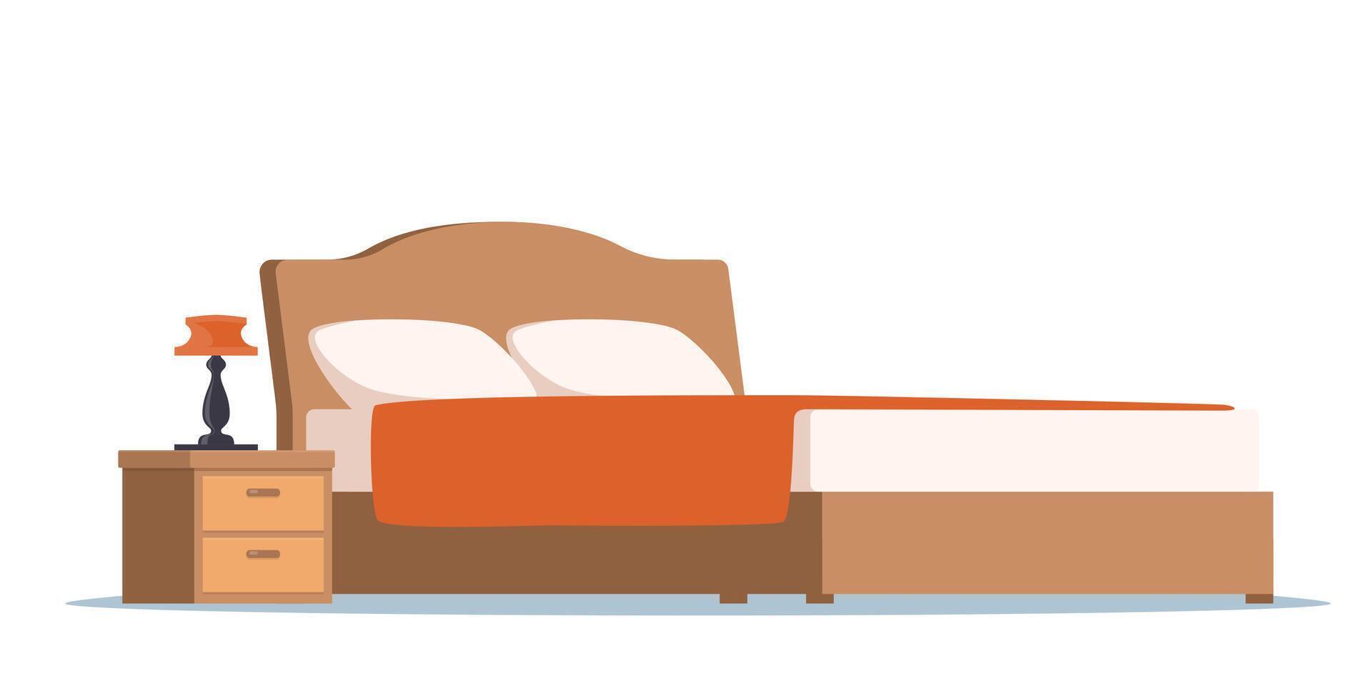 Bed with bedding and bedside lamps. Modern furniture. Double Bed with pillows and blanket. vector