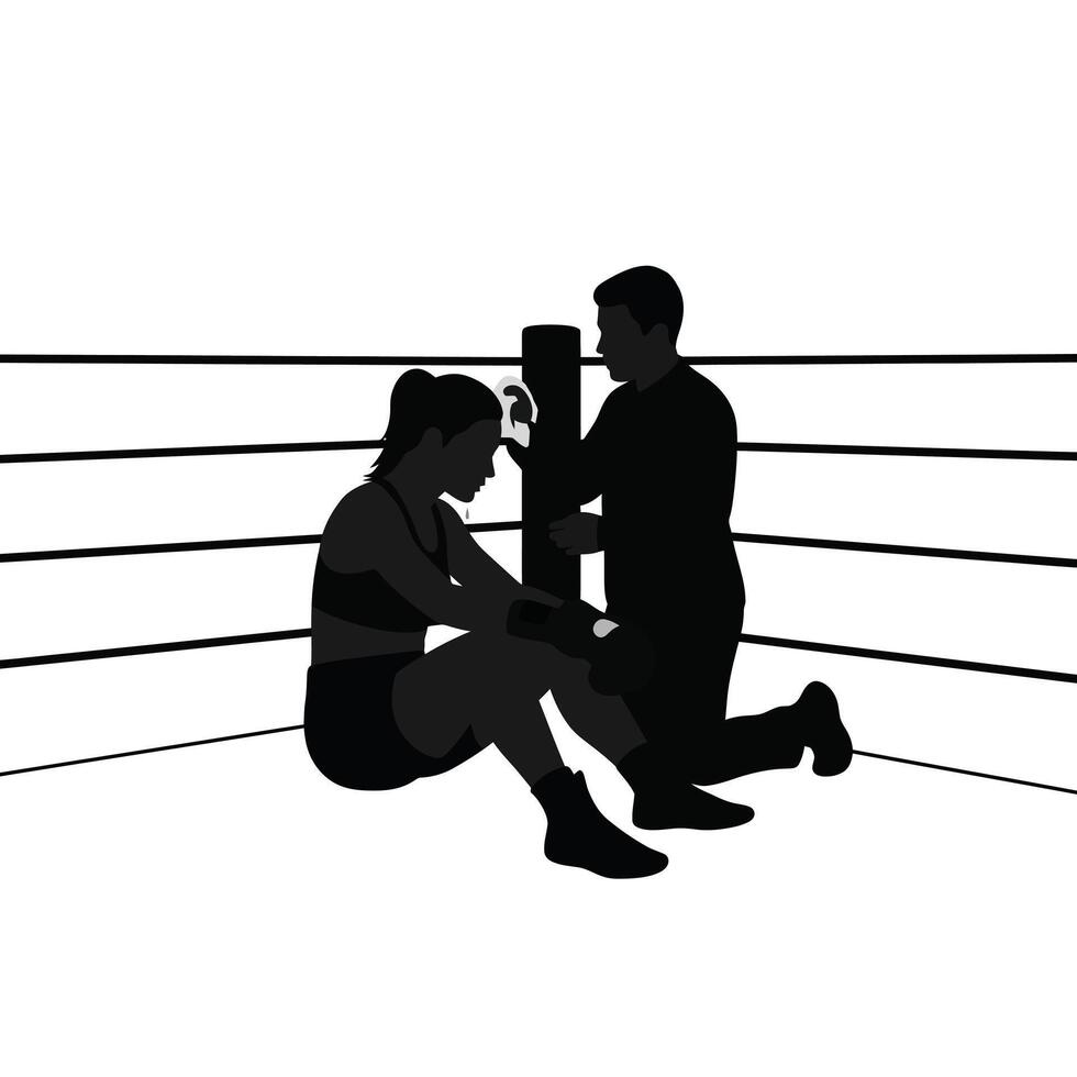A silhouette of a woman sitting on the ground next to a man in a boxing ring vector