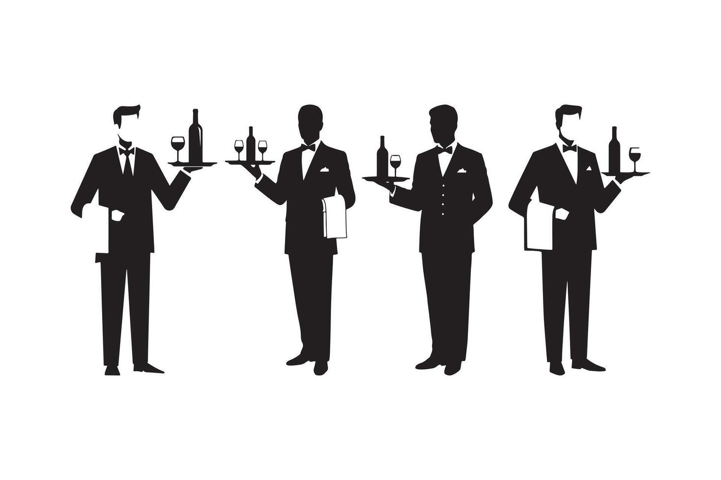 Professional Waiters with Trays Silhouette sets Illustration vector