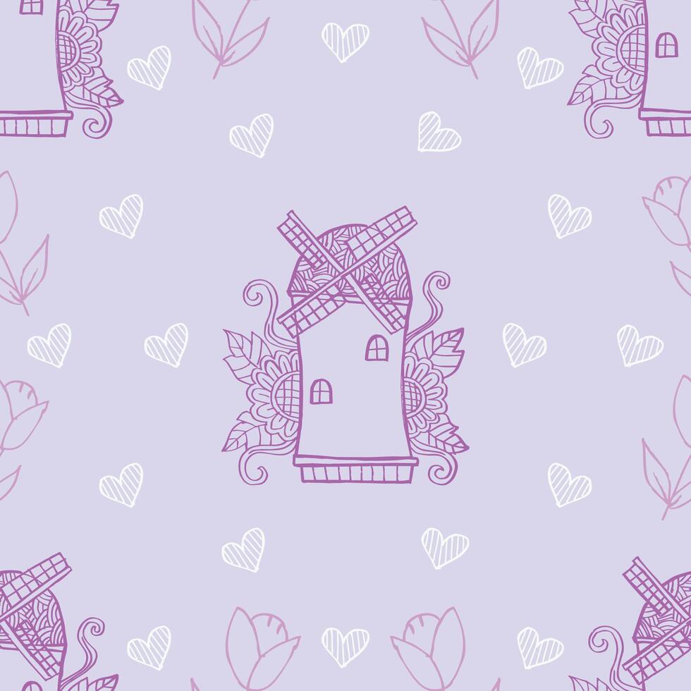 Seamless pattern with hand drawn windmill, hearts and tulips. vector