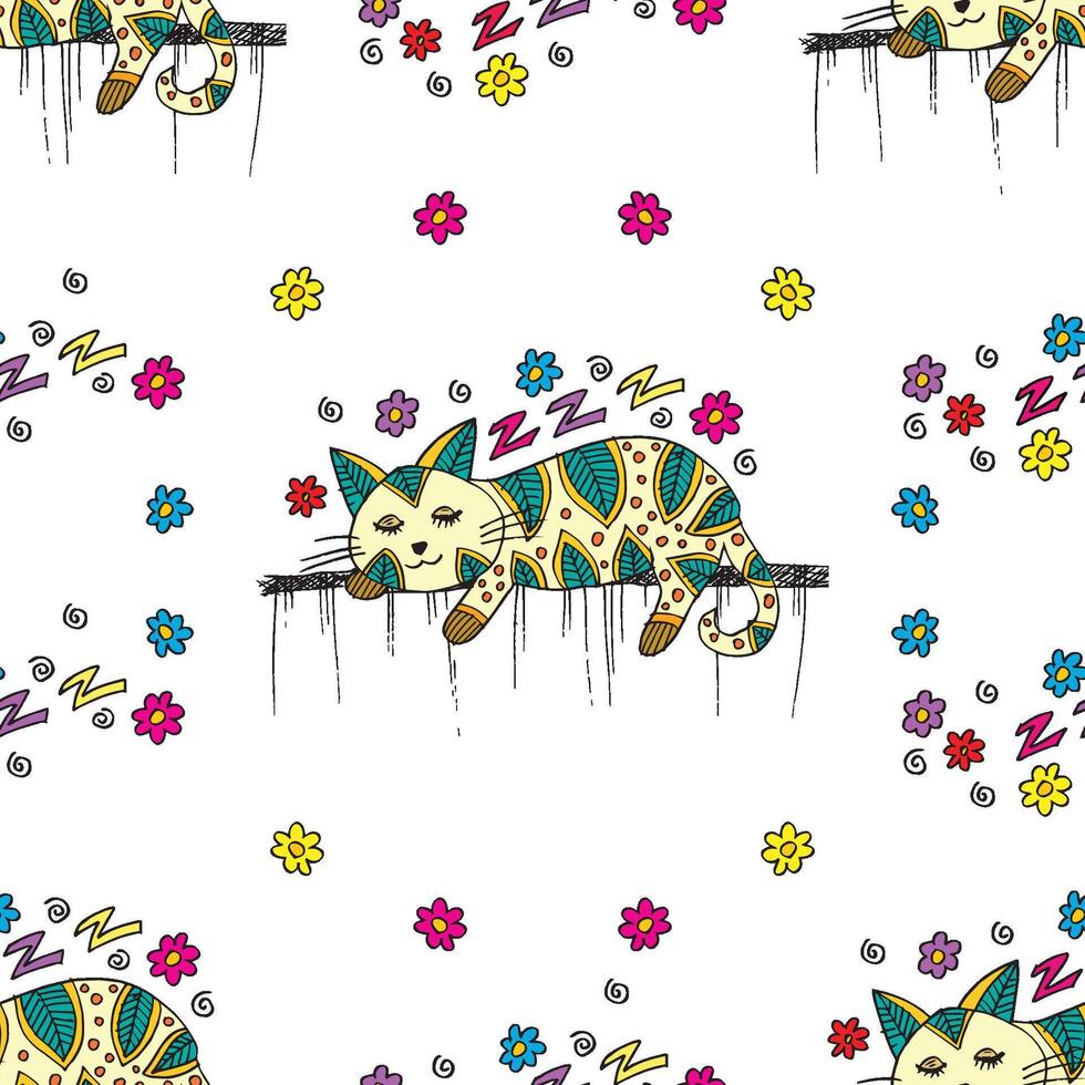 Seamless pattern with cute cat in doodle style. vector