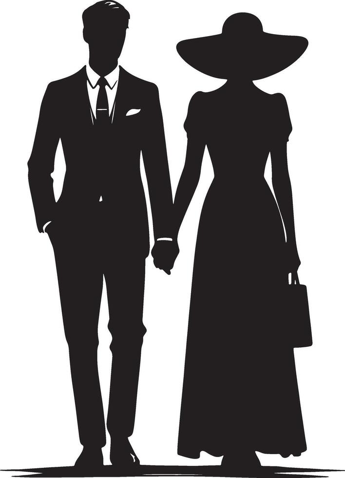 Silhouette of a man in a suit and a woman in dress and hat holding hands vector