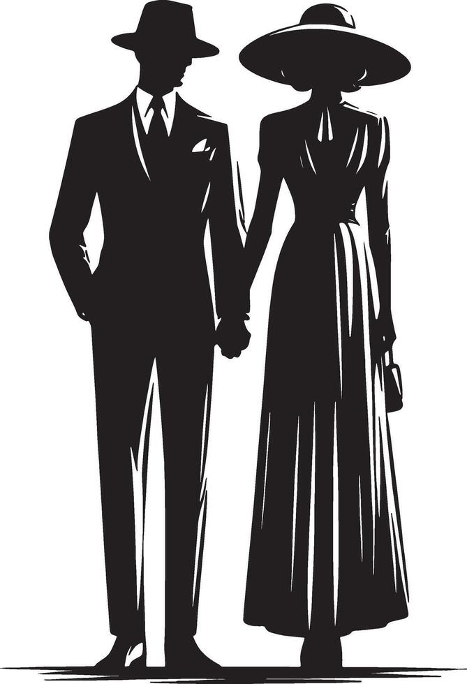 Silhouette of a stylish couple in vintage attire holding hands against a white background art deco style vector