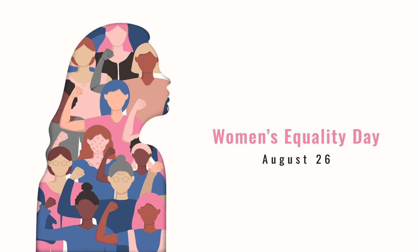 Women's Equality Day banner template. Flat illustration of a silhouette of a female portrait in profile against a background of a pattern of diverse female figures. Girl power. vector