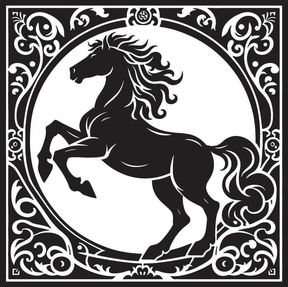 A black horse rearing up inside an ornate circular frame with decorative elements in black and white vector