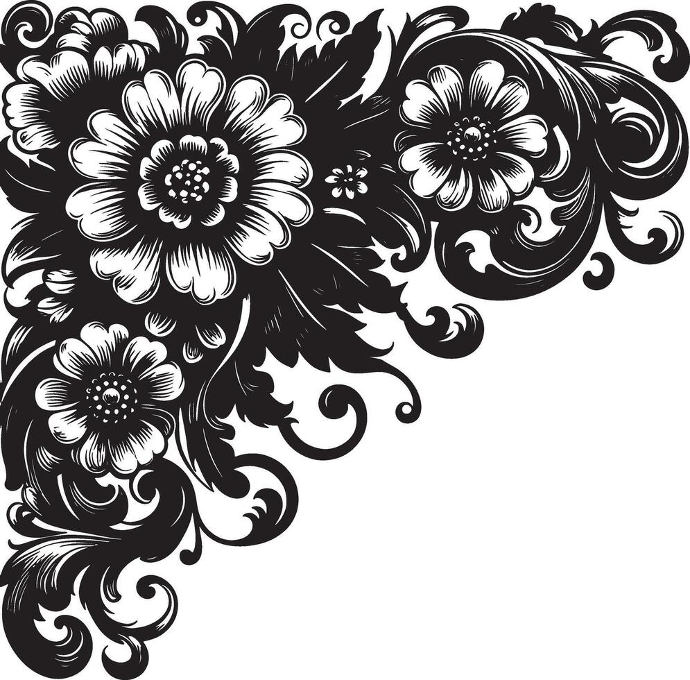 Ornate corner design featuring stylized flowers and swirling leaves in black and white illustration vector
