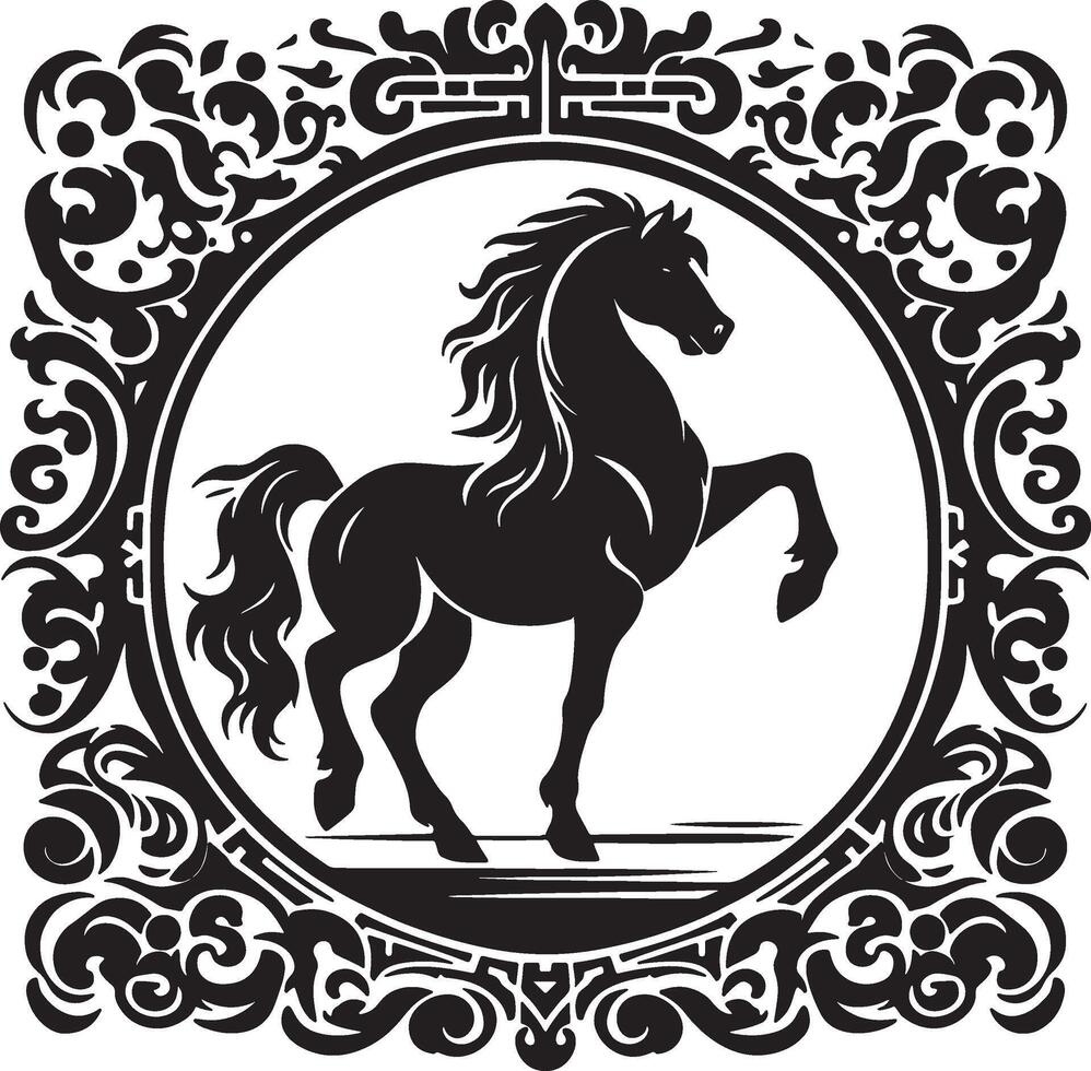 A black horse rearing up inside an ornate circular frame with decorative floral elements around it vector