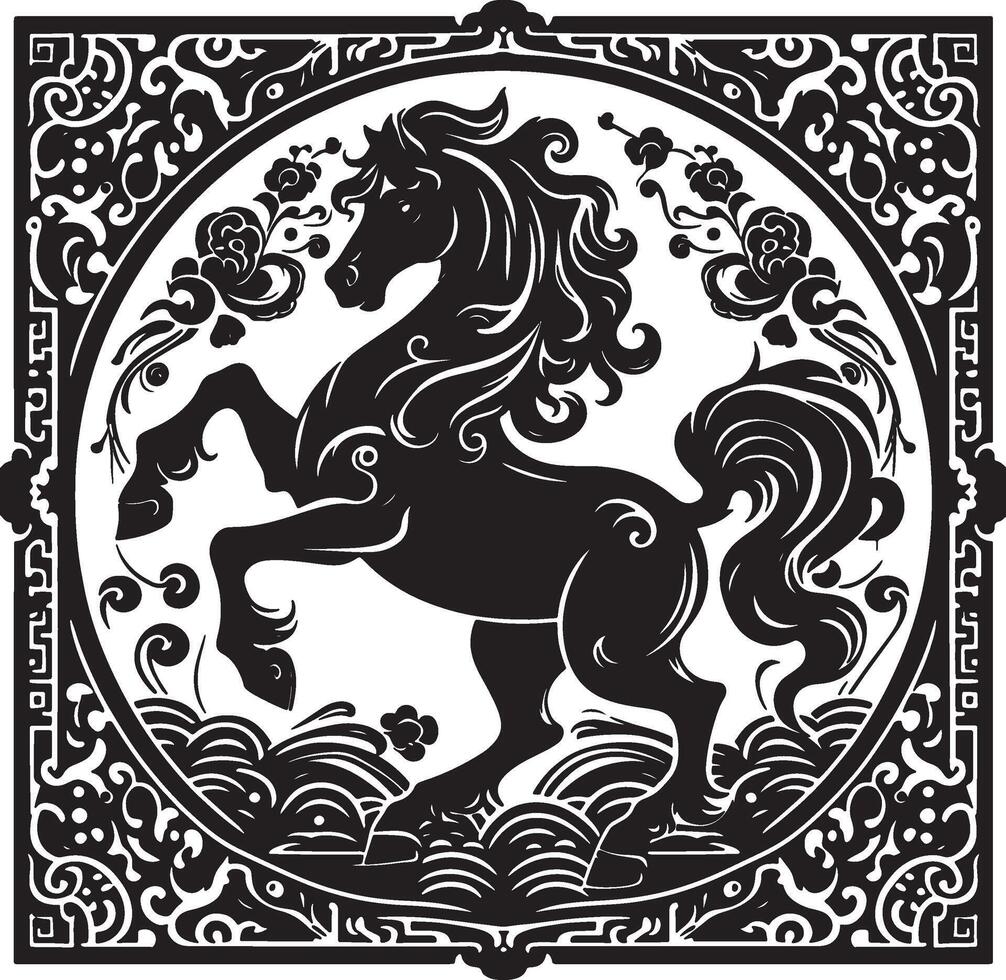 A black and white illustration of a horse rearing up inside of an ornate circular border design vector