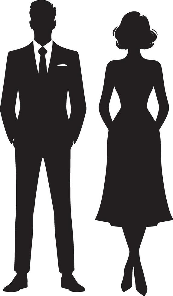 Silhouette of a man in a suit and tie standing next to a woman in a dress with hands in pockets vector