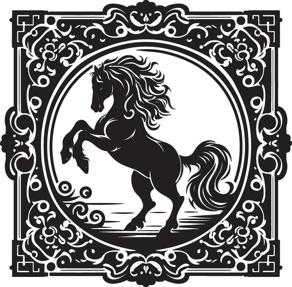 A black silhouette of a horse rearing up inside an ornate decorative border on a white background vector