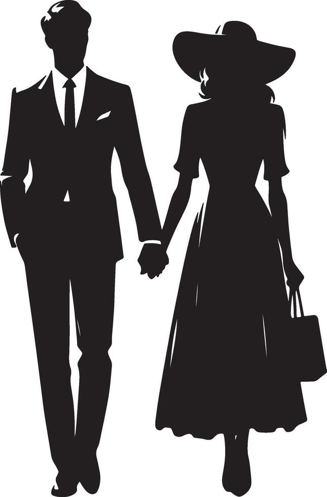 Silhouette of a man in a suit and a woman in a dress holding hands on a white background vector